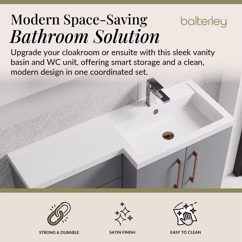 Balterley Modern Satin Grey Right-Hand Vanity and WC Unit Combination with Soft-Close Hinged Doors, W: 110 cm, H: 84 cm – 2