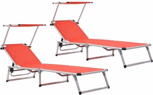 Berkfield Home Set of 2 Red Folding Sun Loungers with Sun Canopy and Adjustable Headrest, Aluminium and Textilene