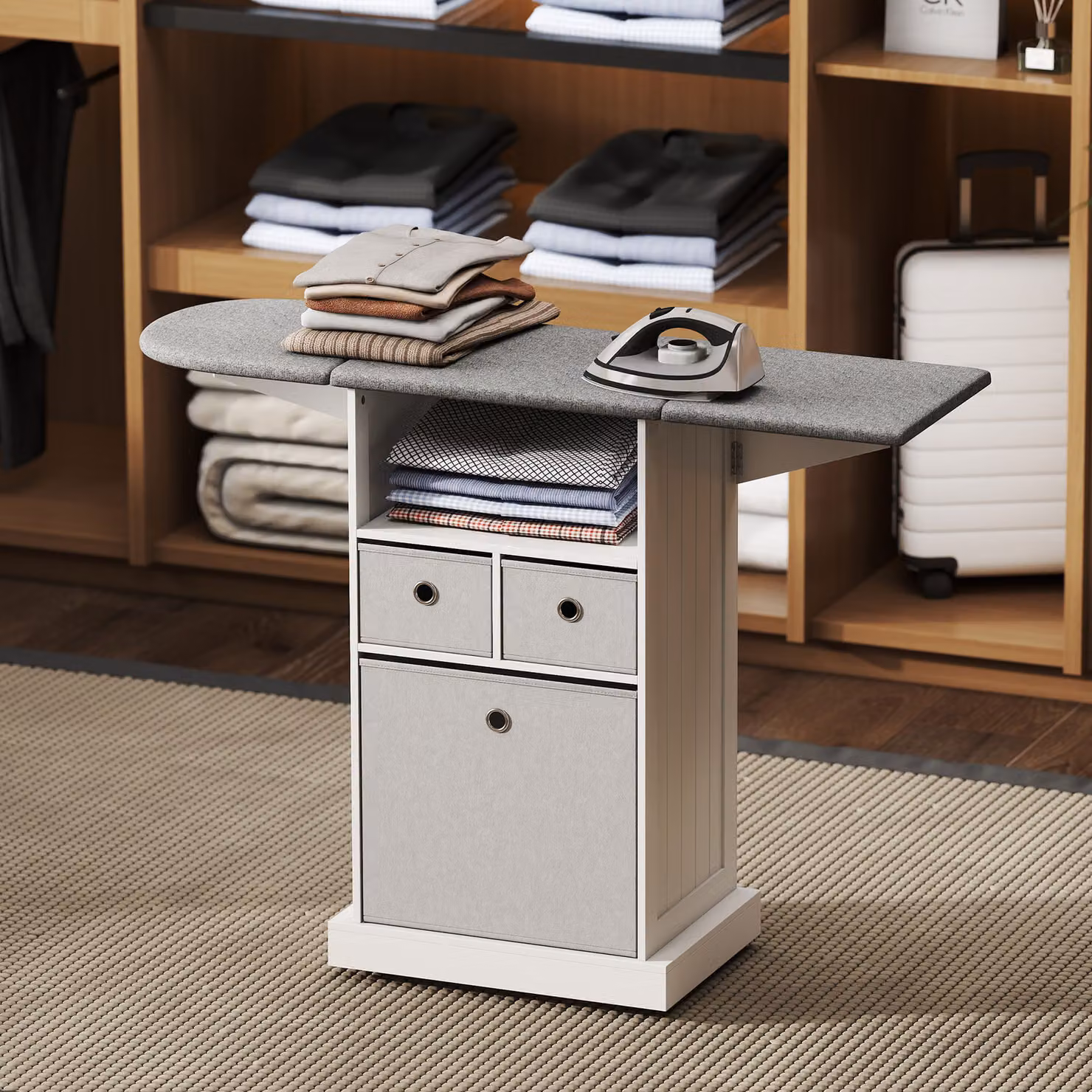 HOMCOM Mobile Ironing Board Cabinet on Wheels with Foldable Top, White – 4