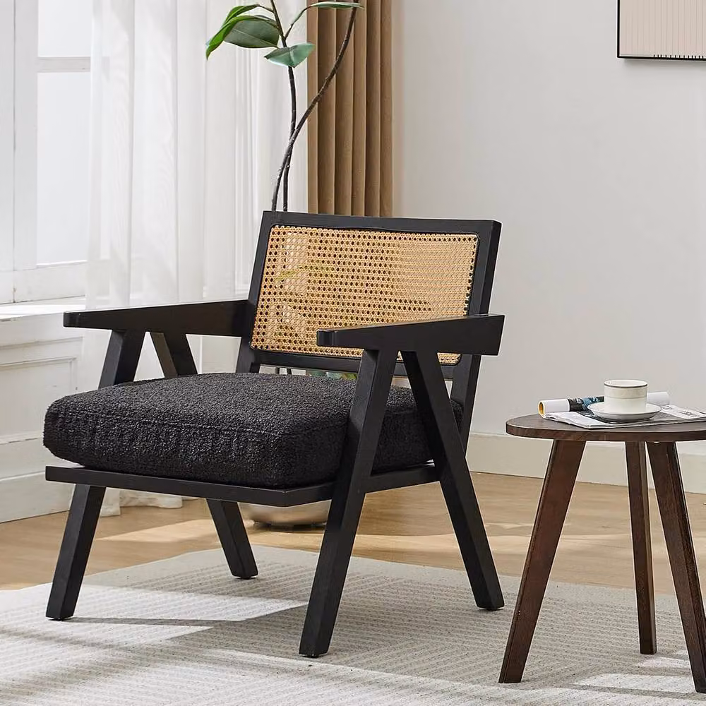 London Boutique Black Rattan Accent Armchair with Teddy Bouclé Fabric Upholstery and Solid Wood Frame – 7