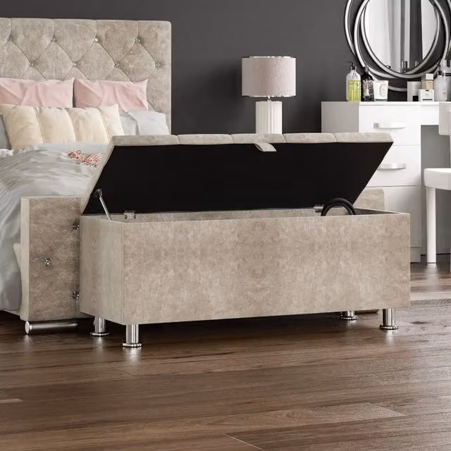 Vida Designs Valencia Fabric Storage Ottoman in Champagne Velvet, W/D/H: 100 x 40 x 44 cm – 6