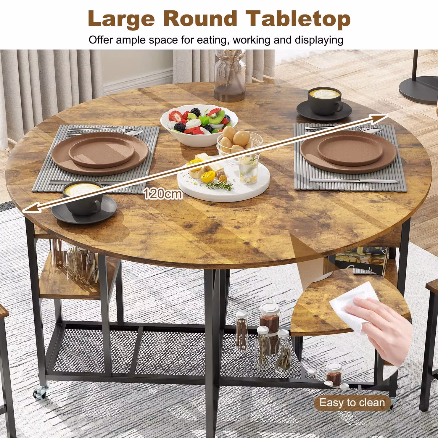 Gymax 3 Piece Round Folding Dining Table Set with Wheels in Light Brown – 4