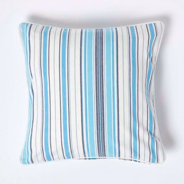 Homescapes New England Striped Cotton Cushion Cover, Blue, W/D/H: 45 x 45 x 45 cm