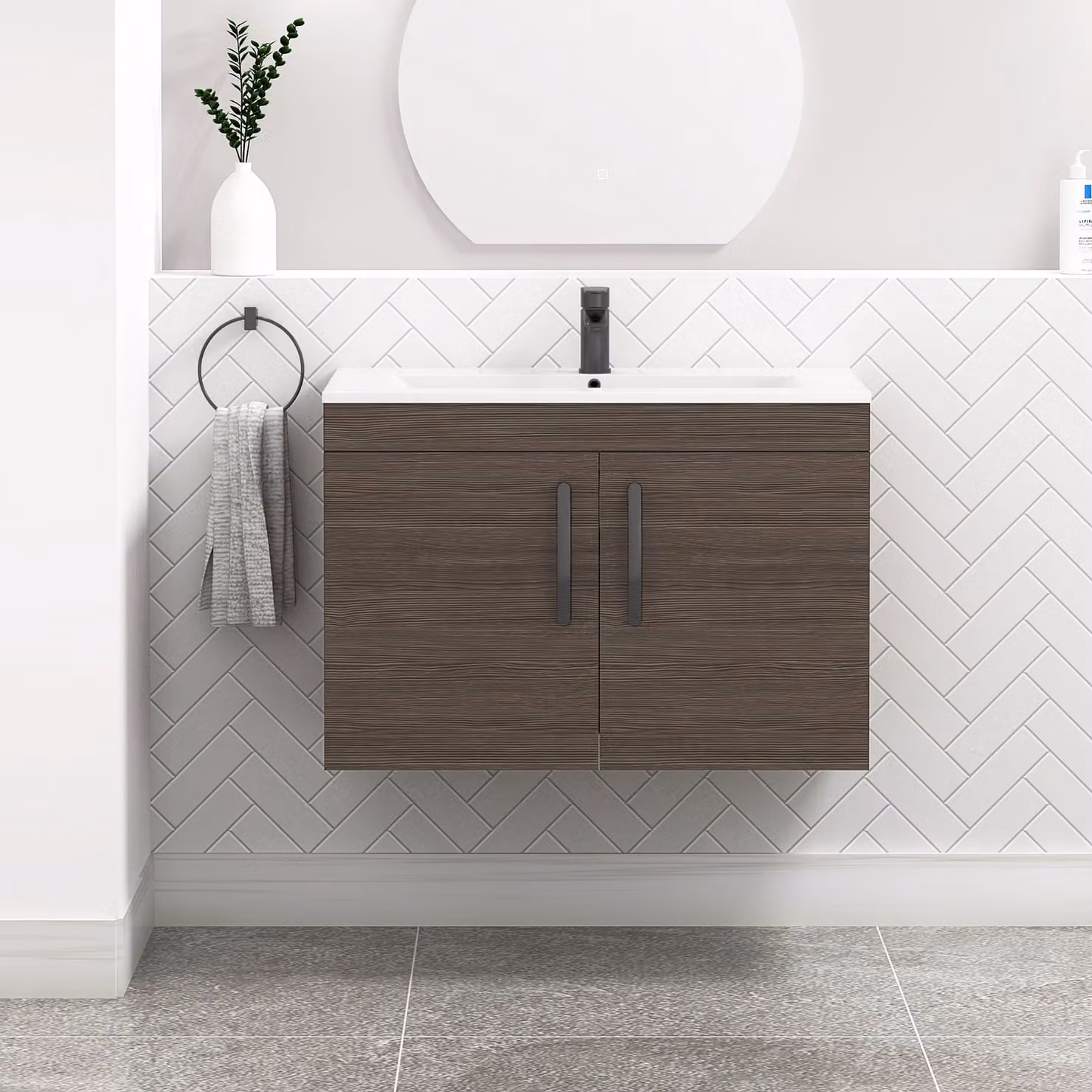 Royal Bathrooms Turin 800mm Wall Hung Vanity Sink Unit in Grey Elm with 2 Soft Close Doors and Matt Black Handles