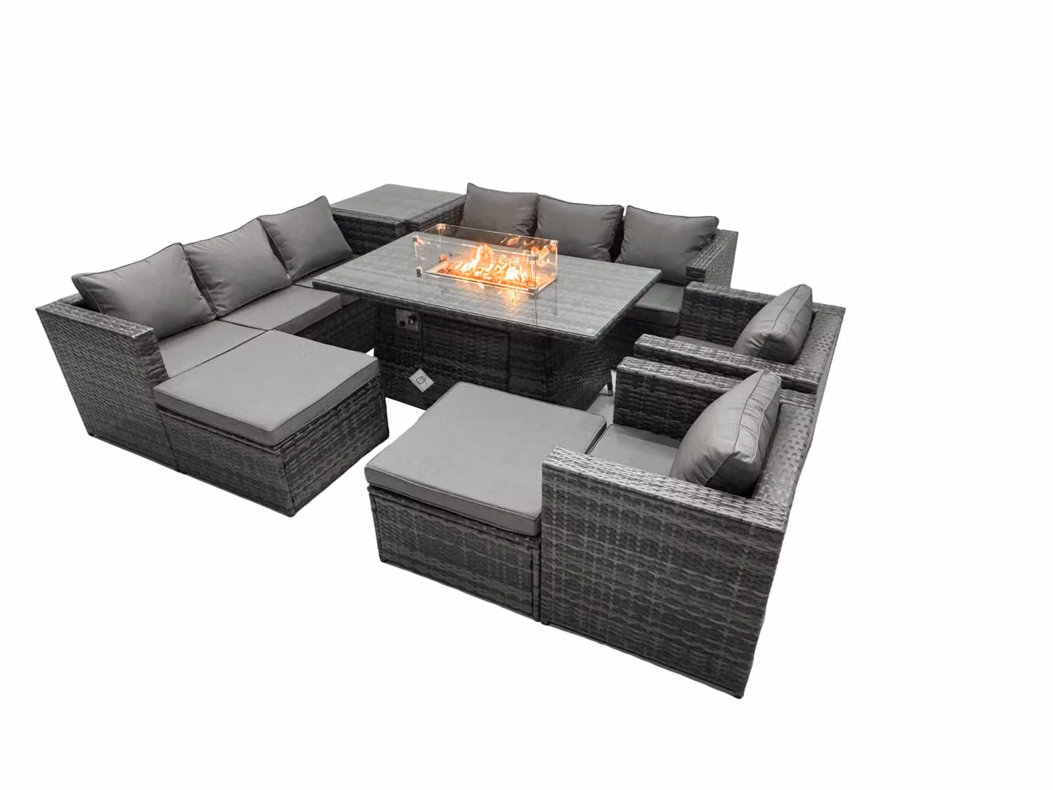 Fimous 10 Seater Rattan Garden Furniture Firepit Dining Set with Lounge Sofa, Table, Side Table and 2 Footstools in Dark Grey – 2