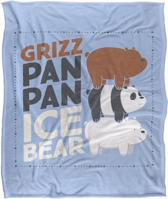 Cartoon Network We Bare Bears Grizz Pan Pan Ice Bear Super Soft Silky Touch Throw Blanket, White, W: 152 cm, D: 127 cm – 1