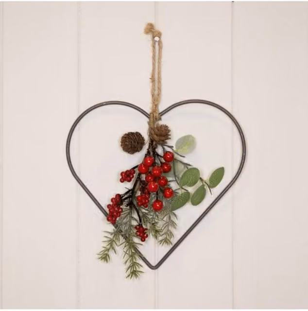 KDMD Red Metal Wire Heart Wreath with Foliage and Leaves