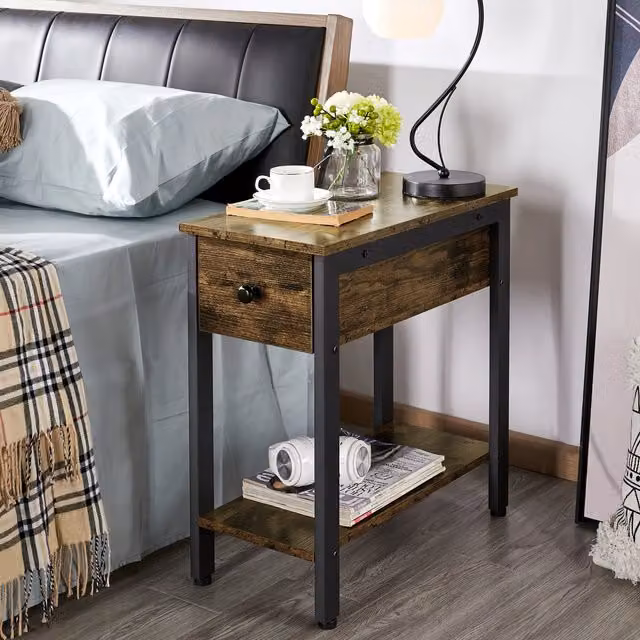 Yaheetech Narrow Bedside Table with Drawer and Open Shelf in Rustic Brown