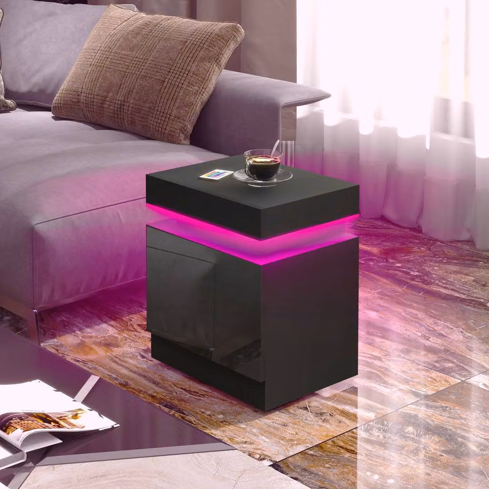 STILVORA Modern Black Glossy Bedside Table with 2 Drawers and Integrated LED Lighting – 3