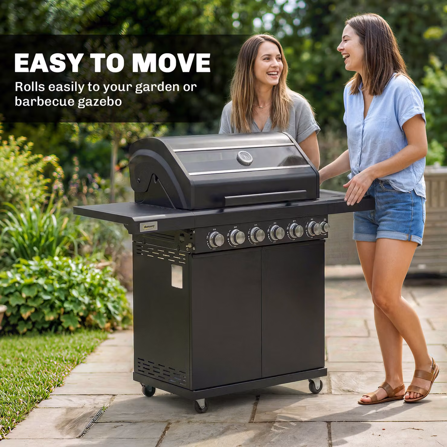 Outsunny 6+1 Burner Gas BBQ Grill Trolley with Side Burner, Warming Rack and Thermometer, Black – 9