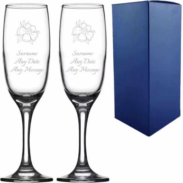 Uniqueful Personalised Floral Wedding Champagne Flute Set, Clear, 221 ml