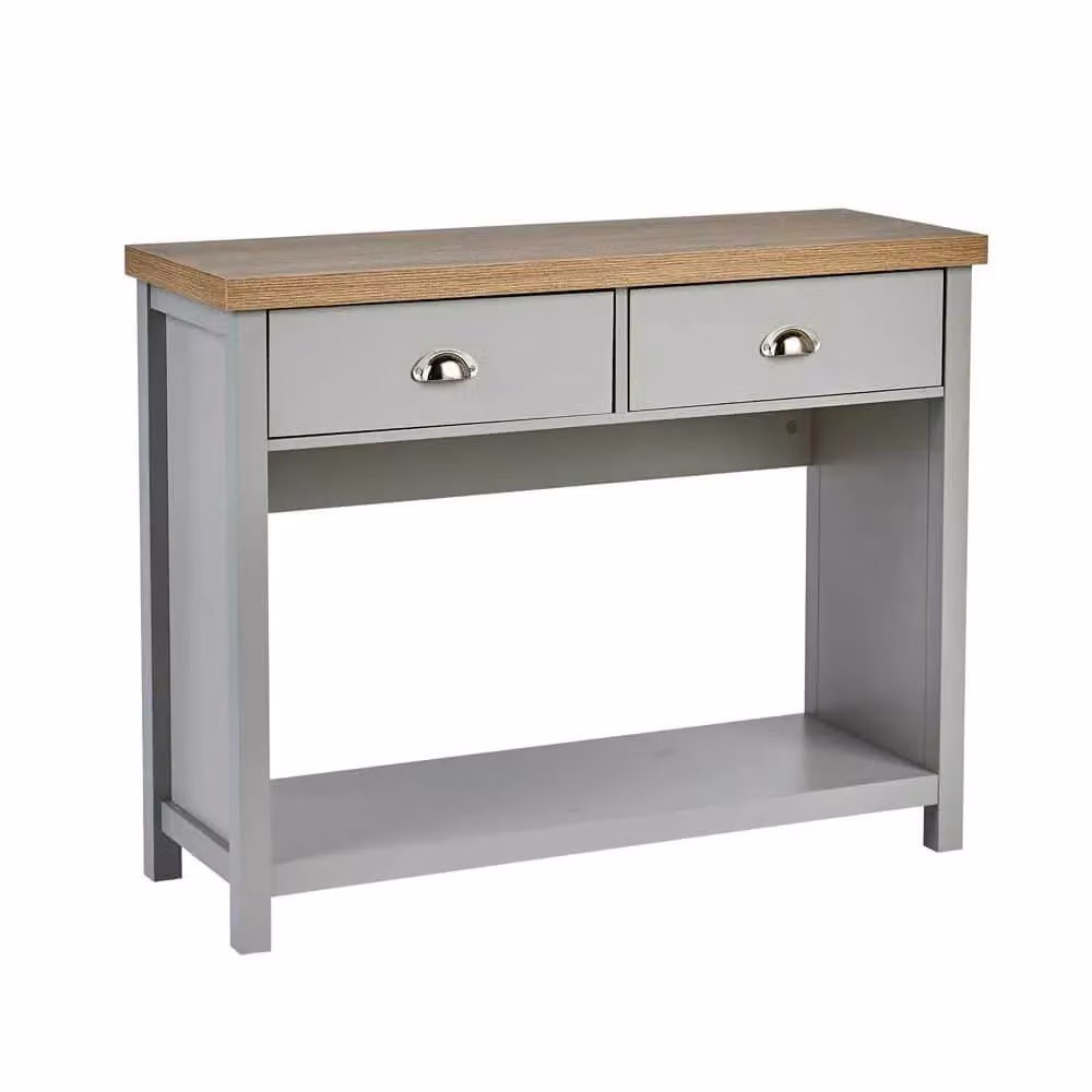 Home Source Grey Console Table with Oak Top and 2 Drawers for Hallway Storage – 2