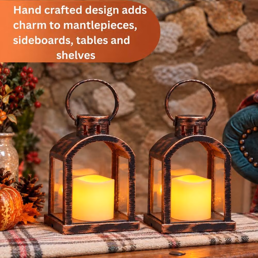 Marco Paul Set of 2 Hanging Table Lanterns and LED Pillar Candles in Bronze – 5