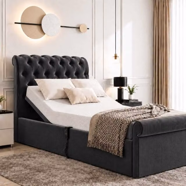 K Mehmood Enterprise Ltd Luxury Electric Adjustable Bed with Chesterfield Headboard and Footboard in Black Fabric, W/D/H: 180 x 200 cm