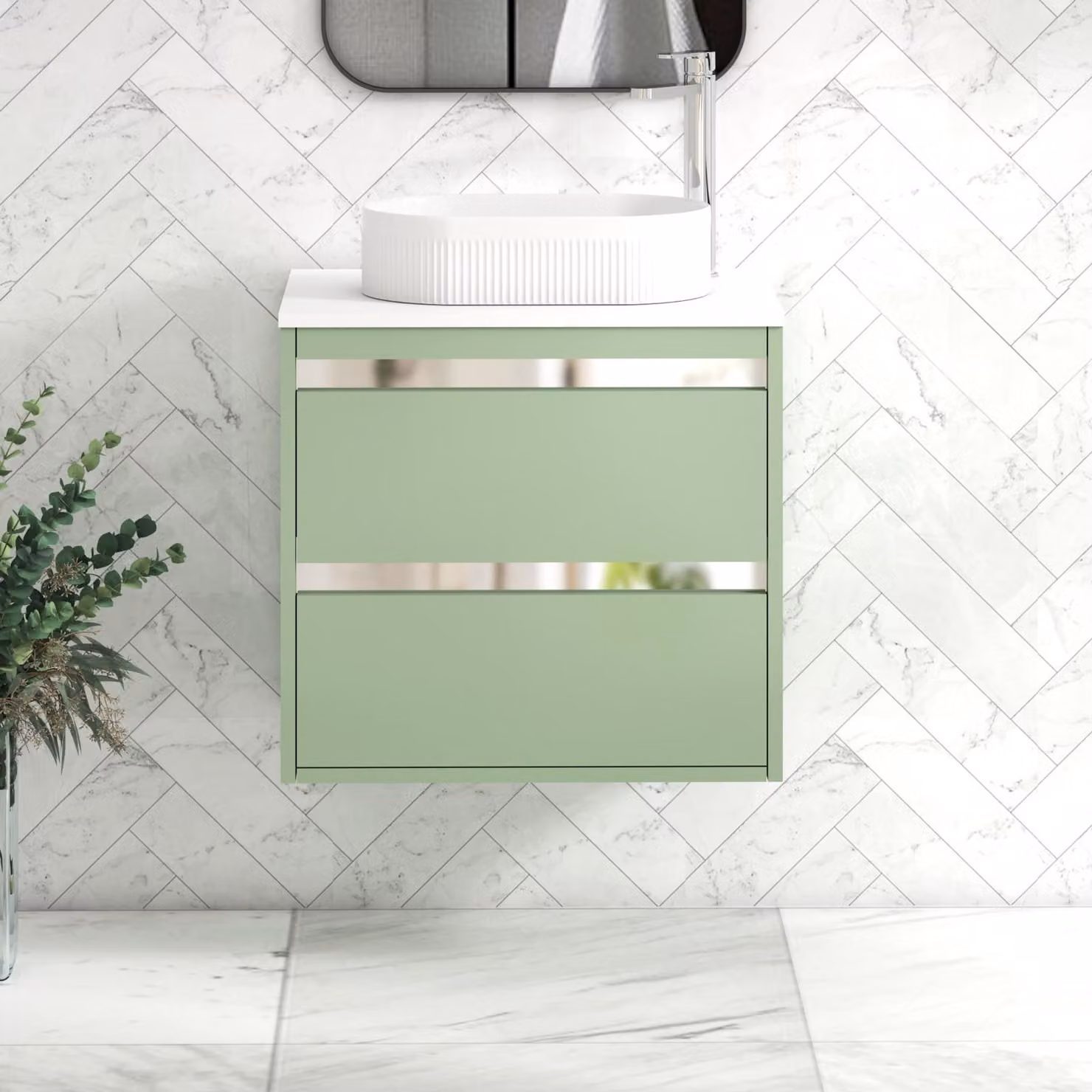 Royal Bathrooms Orion 600mm Wall Hung Mint Sage and White Vanity Unit with 2 Drawers and Lyon Basin