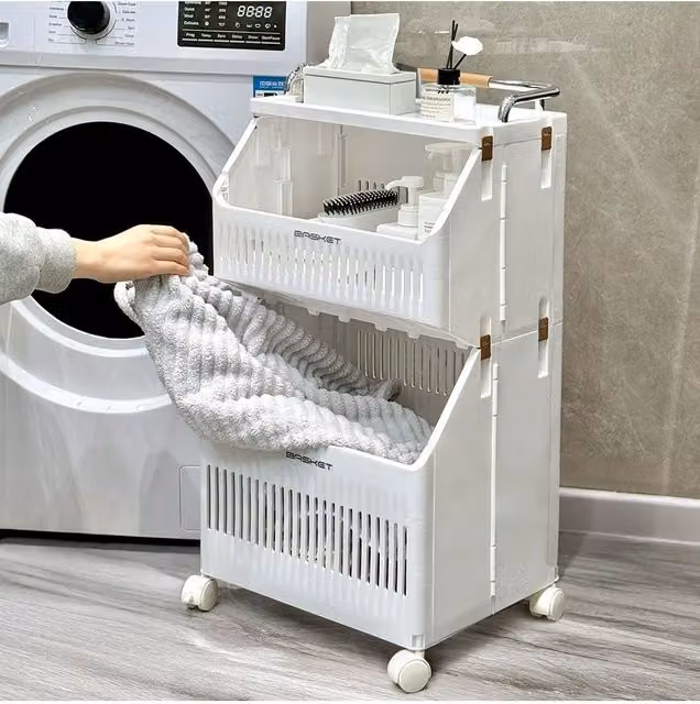 Living and Home 3-Tier Rolling Laundry Basket Hamper Cart with Holder Shelf in White – 1