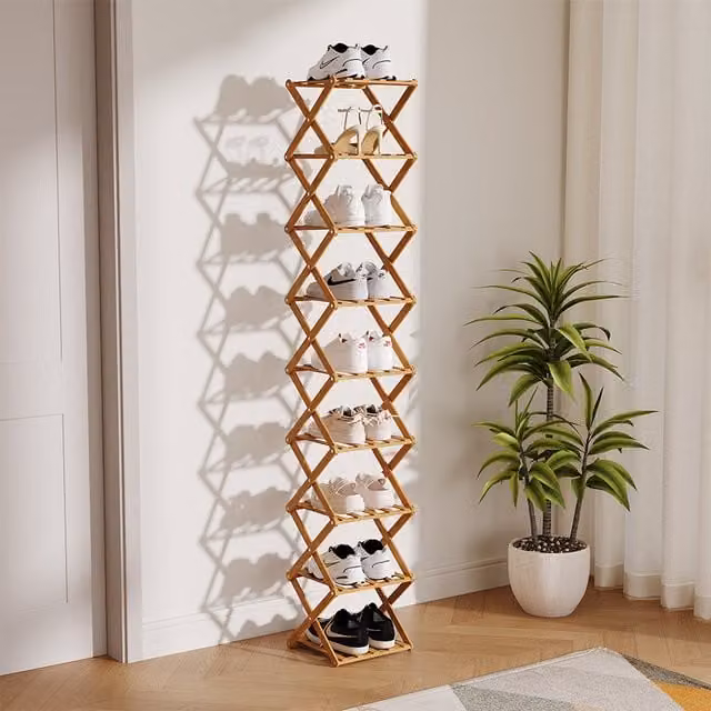 Livingandhome Multi-Layer Foldable Bamboo Shoe Rack in Brown, Height: 139 cm