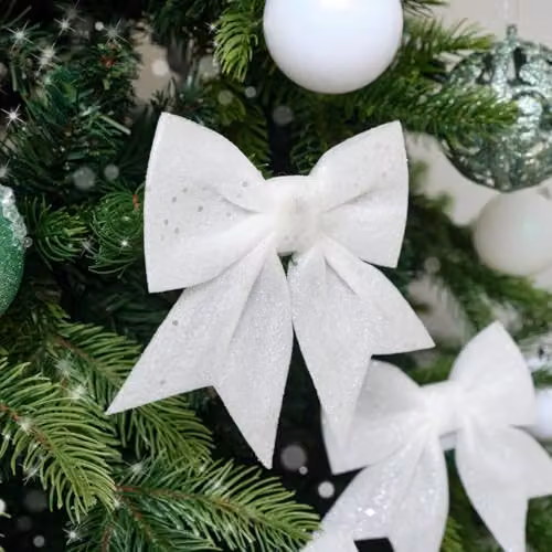 Melody Maison Set of 4 White Glitter Christmas Bow Hanging Pendants – 3