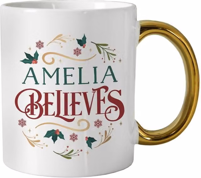 Personalised Memento Company Believes In Christmas Gold Handled Mug in White and Gold