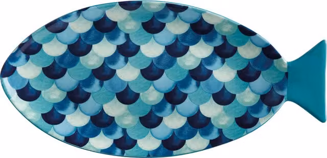 Maxwell Williams Blue and White Ceramic Geometric Chip and Dip Platter (30 cm) and Fish Shaped Platter (40 cm)
