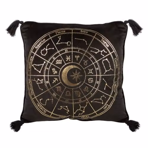Something Different Astrology Wheel Square Velvet Cushion, Black and Gold, W/D/H: 35 x 35 x 35 cm