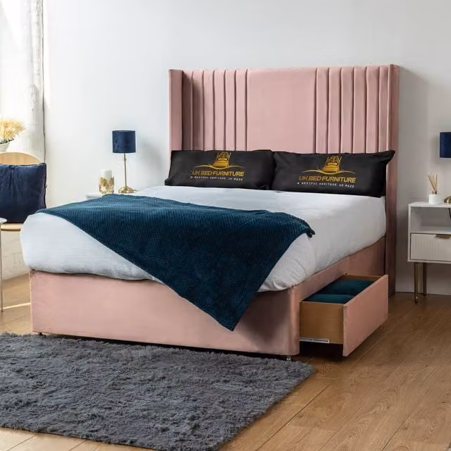 UK Bed Furniture Skyline Wingback Divan Bed with 2 Drawers and 54 Headboard in Pink Velvet, Double Size (W/D: 140 x 200 cm)