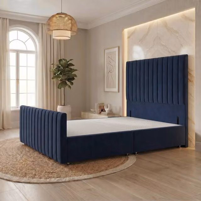 Somnior Eleanor Velvet Divan Base with Headboard and Footboard, Blue, W/D/H: 90 x 190 cm – 1