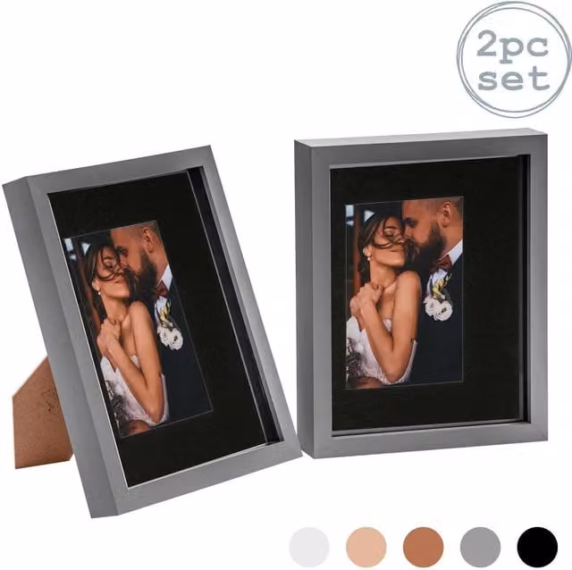Nicola Spring Pack of 2 Rectangular 3D Box Photo Frames in Grey and Black with 4x6 inch Mount, W/H: 25.4 x 25.4 cm