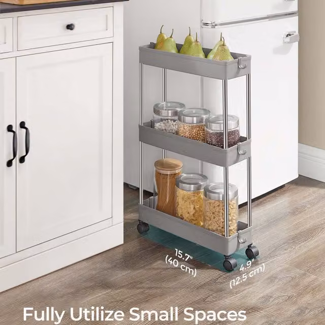SONGMICS 3-Tier Metal Storage Trolley with Wheels, Grey