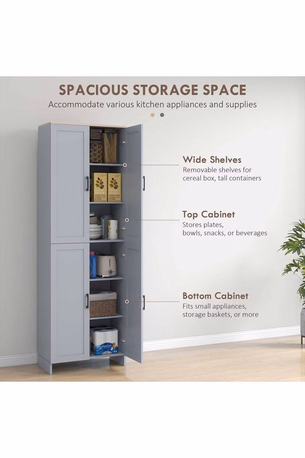 ERGOVEXA Modern Freestanding Kitchen Tall Storage Cupboard with 4 Hinged Doors, Grey, H: 170.5 cm, W: 60 cm, D: 30 cm – 2