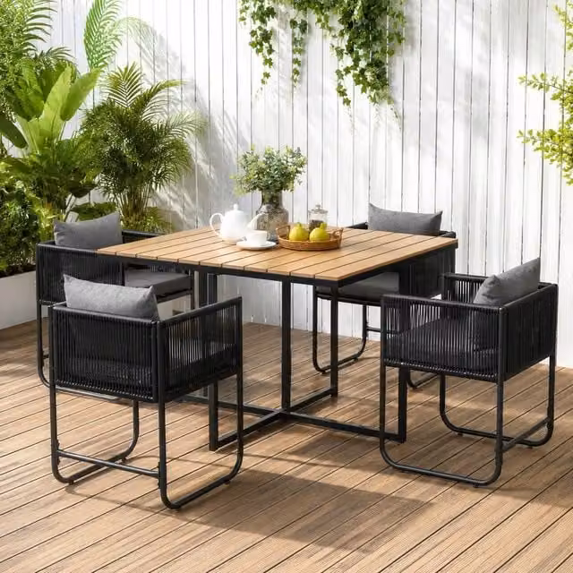 STILVORA 4-Seater Modern Dining Set with Rattan Design in Black