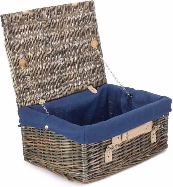 Red Hamper Wicker Picnic Basket with Blue Cotton Lining in Antique Wash