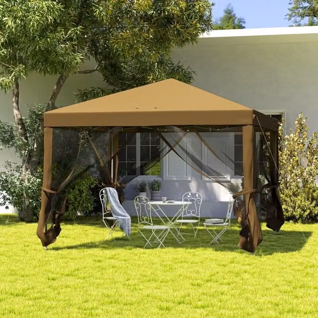 Outsunny Pop Up Garden Gazebo Tent with Mesh Sidewalls, Beige/Brown, W: 300 cm, D: 300 cm, H: 300 cm