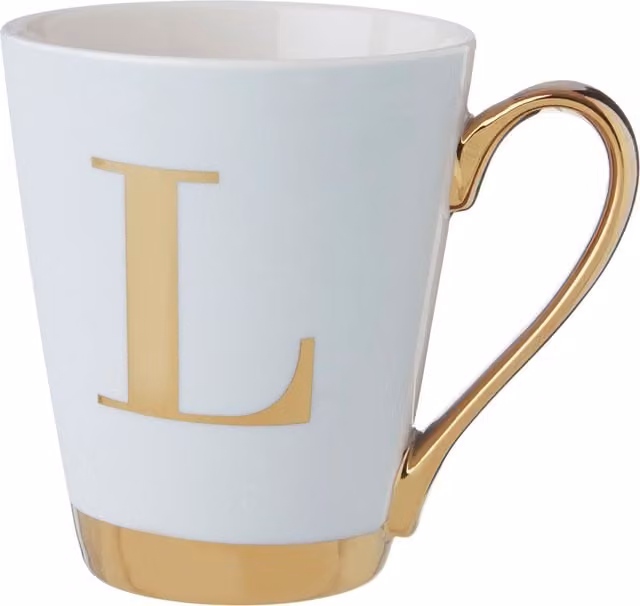 Orsina Personalized L Letter Monogram Mug in White Frosted Deco with Green and Gold Accents, Bone China