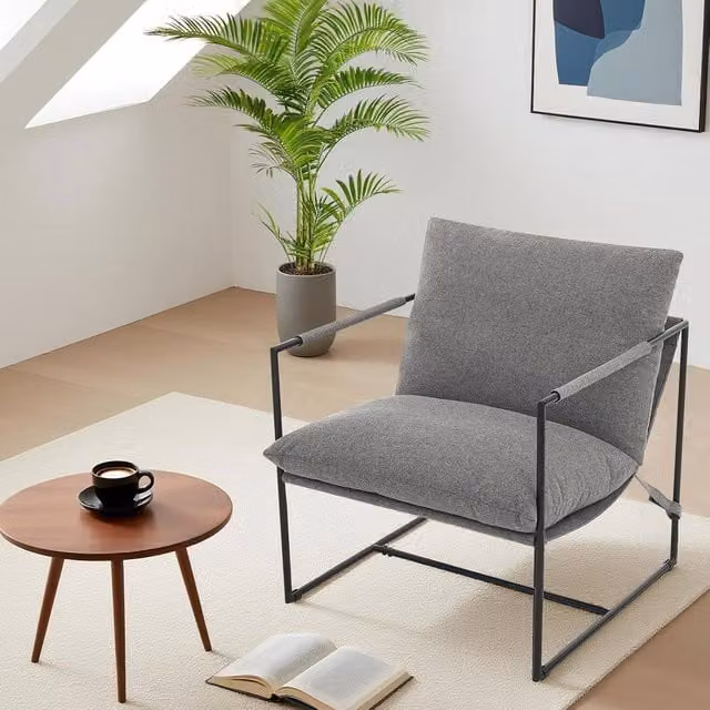 London Boutique Modern Grey Bouclé Fabric Accent Chair with Metal Frame