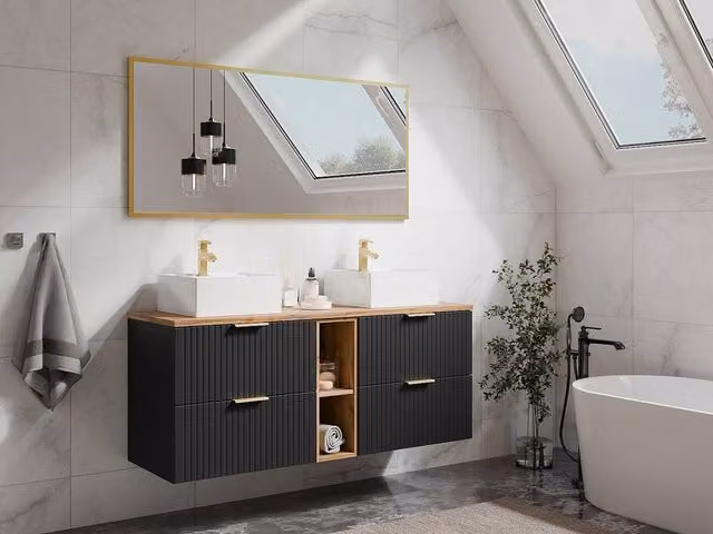 Vente-unique Striped Floating Bathroom Vanity Unit with Niches and Double Square in Black Matt, W/D/H: 140 x 46 x 57 cm