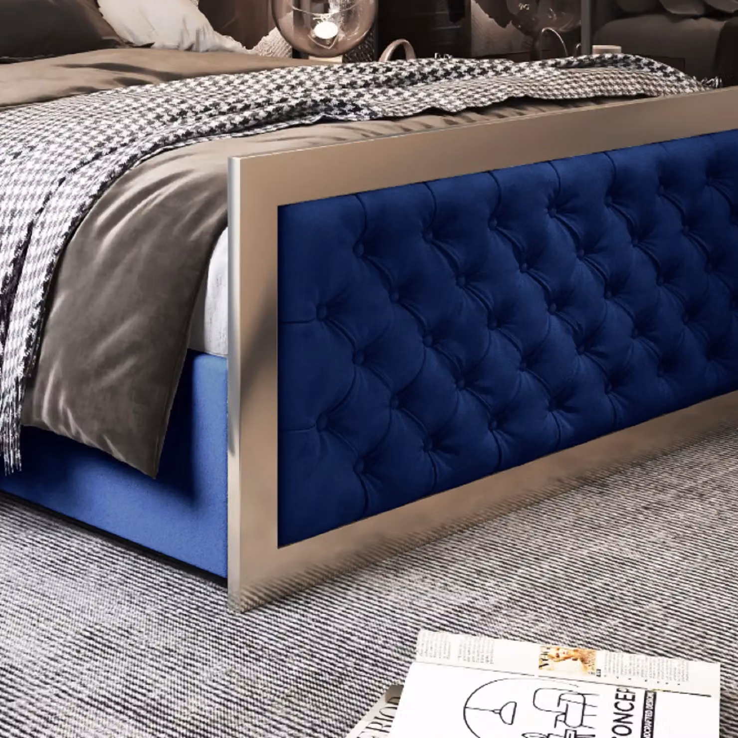 Casani Emia Upholstered Soft Velvet Metal Designer Bed Frame in Blue, Size: 200 x 200 cm – 4