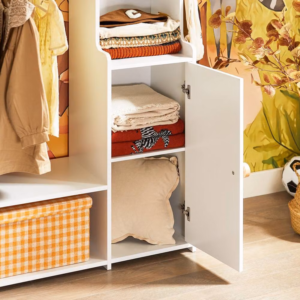 SoBuy Children's Wardrobe in White with Bamboo Hanging Rod and Internal Shelves – 6