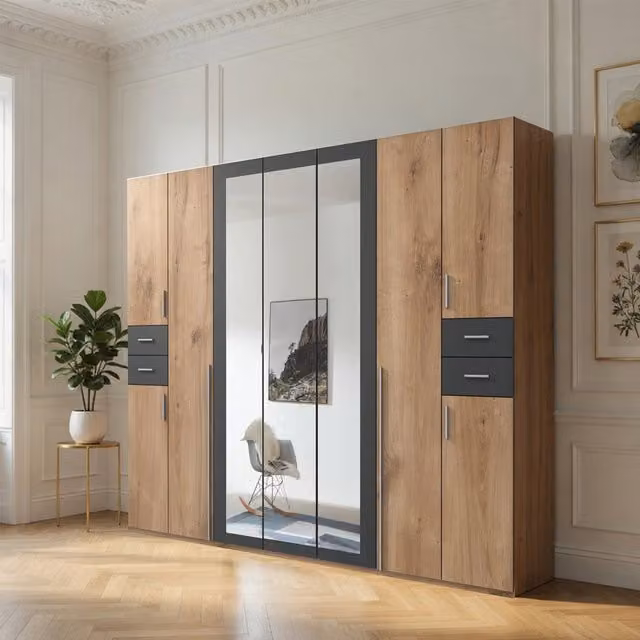 Vegas 9 Door Wardrobe with 3 Mirrors and 4 Drawers in Oak Brown and Grey