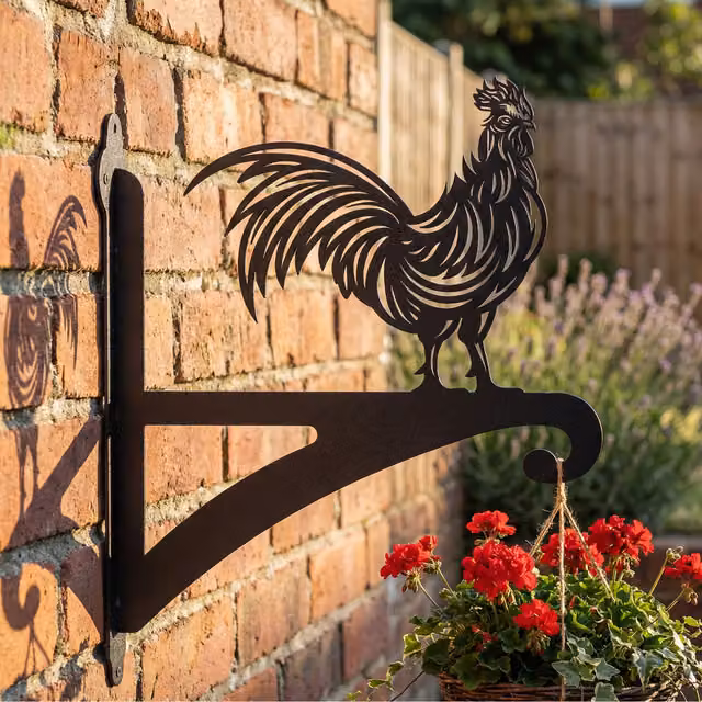Laser Hut Cockerel Hanging Basket Bracket in Black Metal