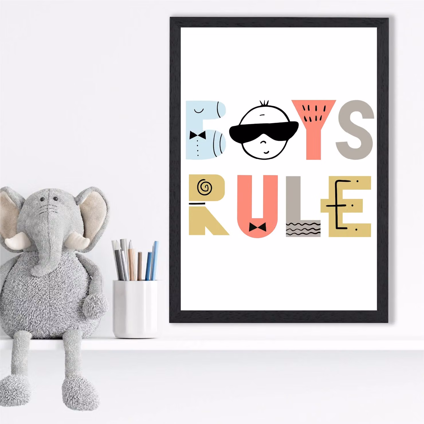 ARTZE Cute Boys Rule Scandi Quote Framed Print, Pale Blue and Multicolour, A2 – 2