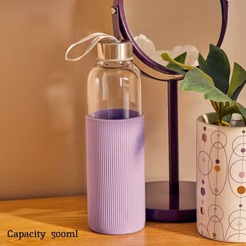 Orsina Glass Mug with Purple and Silver Silicone Sleeve, 330 ml – 2