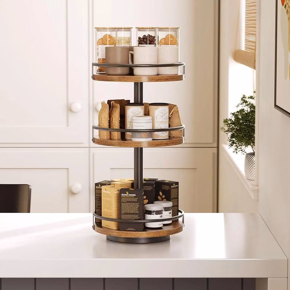 KORVIXA 3-Tier Rotating Spice Organiser and Rack in Brown – 3