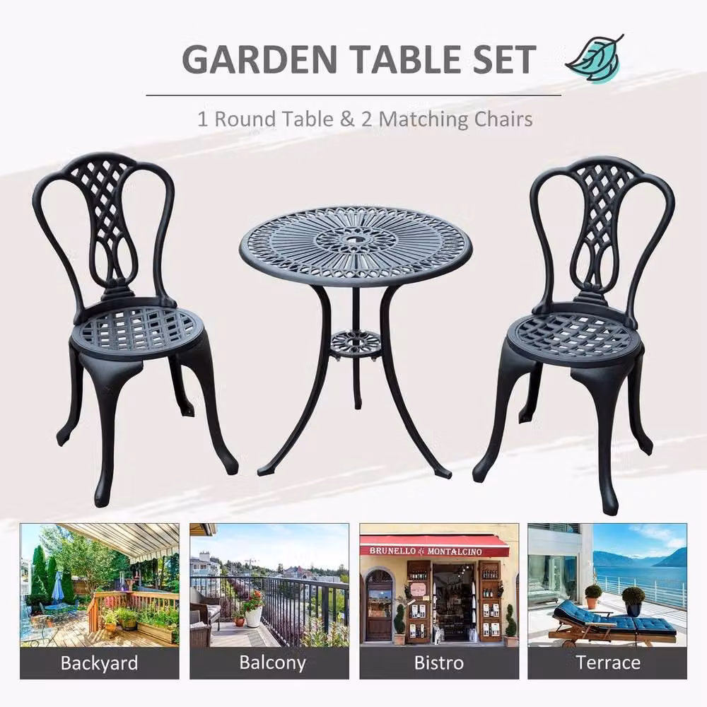 EONLION Black Metal Garden Bistro Set with Vintage Floral Design for Garden, Balcony or Terrace, W: 100 cm, D: 100 cm, H: 100 cm – 3