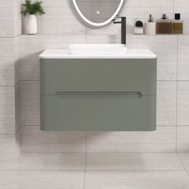Royal Bathrooms Venice 800mm Sage Green Wall Hung Vanity Unit with 2 Drawers and Qubix Basin