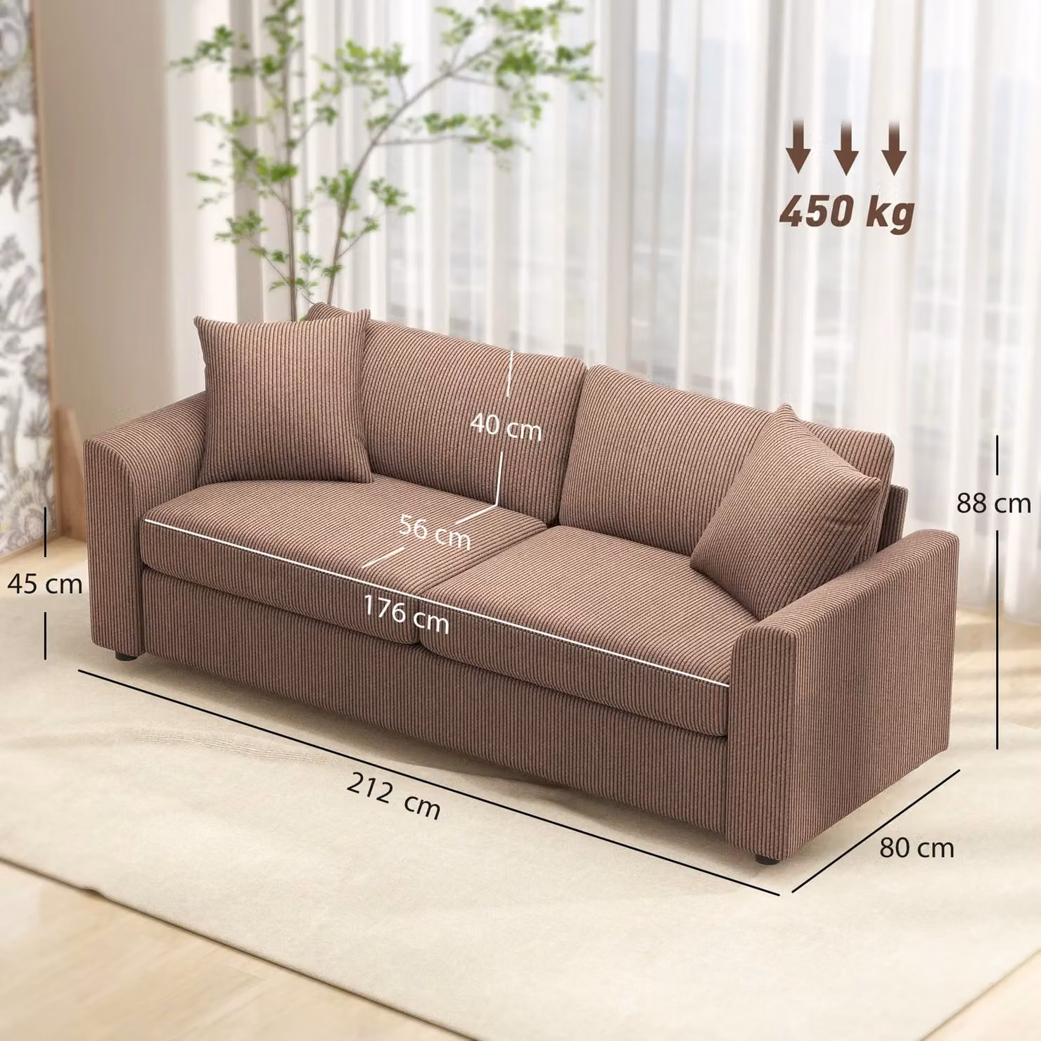 HOMCOM 3 Seater Upholstered Jumbo Cord Sofa in Brown, Width: 212 cm – 3