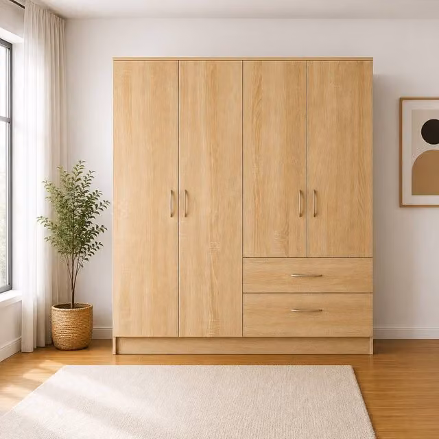 KDMD Chelsea Oak 4 Door Wardrobe with 2 Drawers in Brown, H 185 x W 160 x D 50 cm