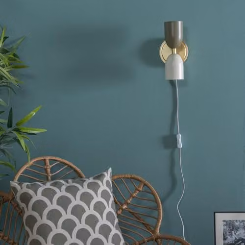 ValueLights Pair of 2 Gold Up and Down Plug-in Wall Lights with Beige Glass Shades and Bulbs Included – 2