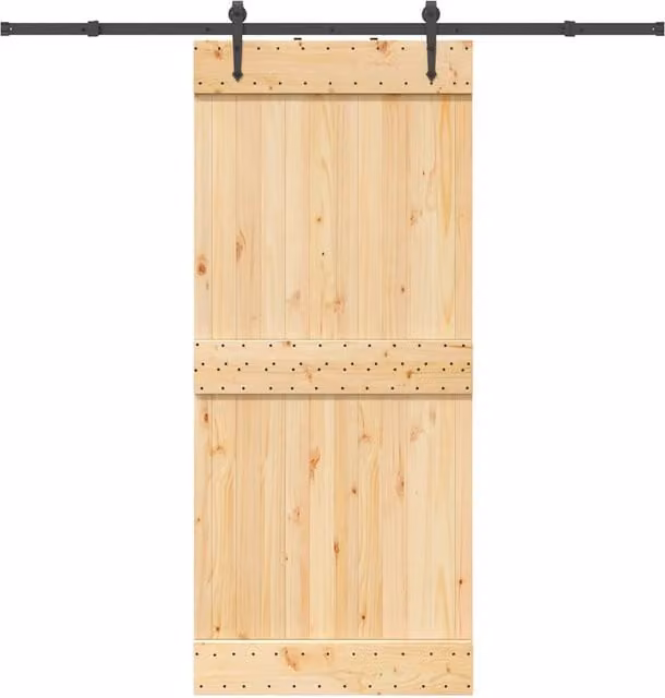 Berkfield Home Rustic Solid Pine Sliding Door with Hardware Set in Brown, W: 90 cm, H: 210 cm