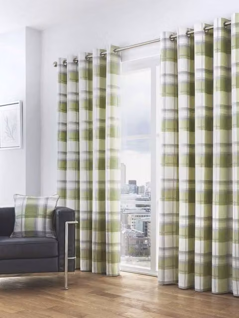 Fusion Balmoral Check Country House Pattern Eyelet Curtains in Green, W: 168 cm, H: 229 cm – 1